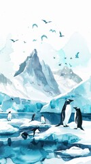 Penguins on Icy Antarctic Landscape Painting