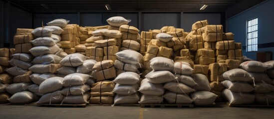 Unidentified bulky bags are present in the warehouse. The image depicts seized goods or apprehended smugglers.