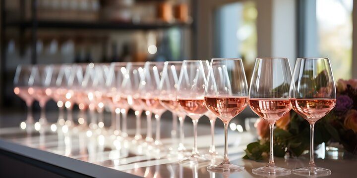 Display of sophisticated ros-filled wine glasses on a countertop. Concept Wine Glasses, Countertop Decor, Rosé Wine, Elegant Setting