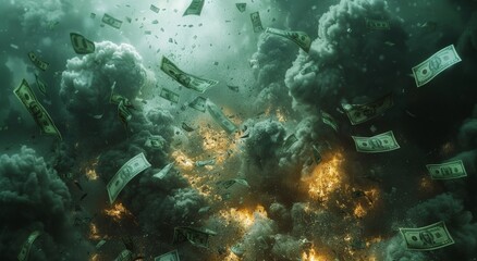 Amidst the serene underwater world, a diverse array of marine life thrives amidst the floating smoke of money, reminding us of the delicate balance between nature and human greed