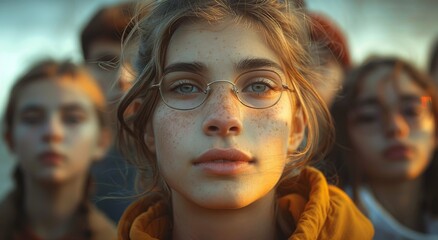A bespectacled woman with a sprinkle of freckles graces the outdoor scene, her human face framed by glasses, radiating confidence and individuality in her clothing and skin - obrazy, fototapety, plakaty