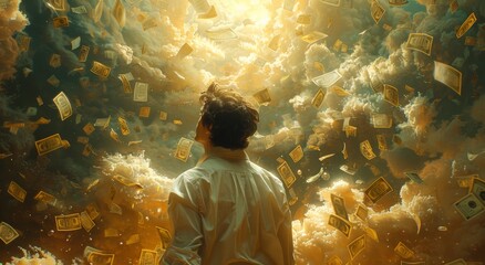 A lone figure stands on a vibrant reef, transfixed by the mesmerizing painting of currency raining down from the sky, evoking a sense of longing for wealth and status in the modern world