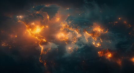 An illuminated map of the world, glowing with amber lights like fireworks in the vast expanse of space, capturing the fiery heat and endless possibilities of the universe