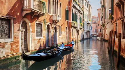 Gondolas on the Grand Canal, Venice, Italy. Panoramic view.