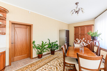 interior kitchen and dining room, refectory area, cooking equipment, table furniture, stove