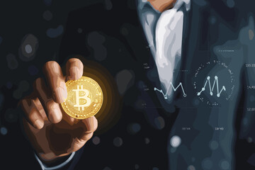 Businessman Holding a Bitcoin and Percentage, Concept of Lending, Mortgage, Loan Interest Rate, Financial Credit, Economy Growth, Income Tax Calculation, Debt, Investment