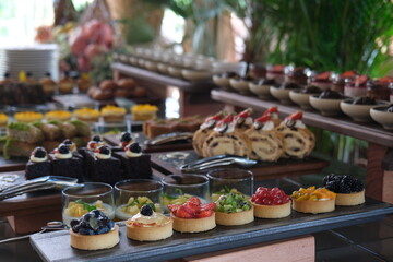 Various pastry desserts and creamy desserts at the buffet