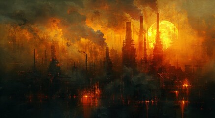 Fototapeta premium Amidst the heat and amber glow, a city burns with fire, sending smoke billowing into the outdoor sky