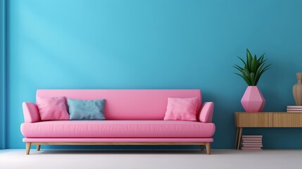 Pink sofa against blue wall with shelf Colorful style home interior design of modern living room