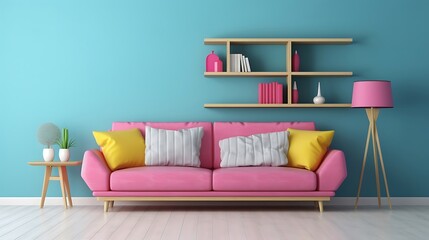 Pink sofa against blue wall with shelf Colorful style home interior design of modern living room