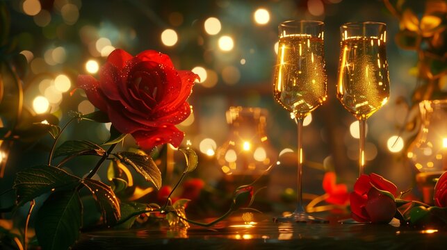 Envision a mesmerizing celebration of love, where glasses of wine stand alongside a bloomed red rose adorned with a golden ribbon. 

