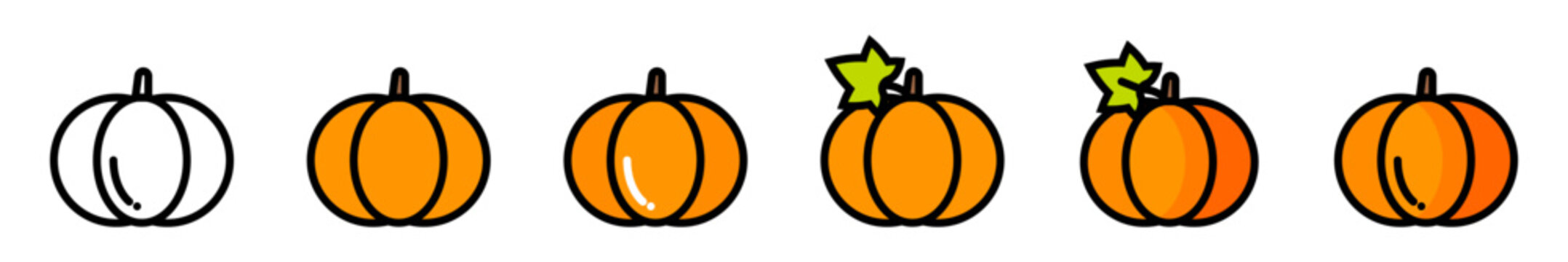 Orange pumpkin colorful icons. Vegetable sign line icons set. Juicy organic food logo symbol. Vector stock illustration.