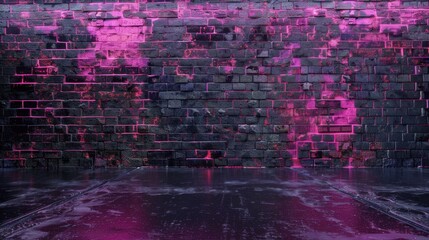 Dark Black Old Brick Wall Texture With Neon Pink Color Background	