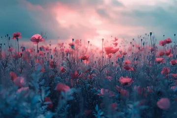 Schilderijen op glas Ethereal twilight view of a field with a surreal blend of crimson poppies and icy blue foliage © sikandar