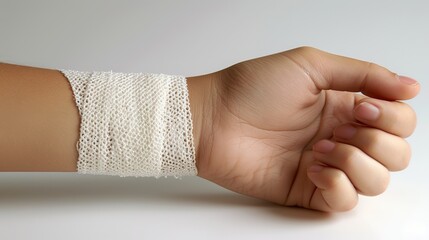 A hand wrapped in a white bandage indicates a minor injury and the basic medical care provided for wound protection.