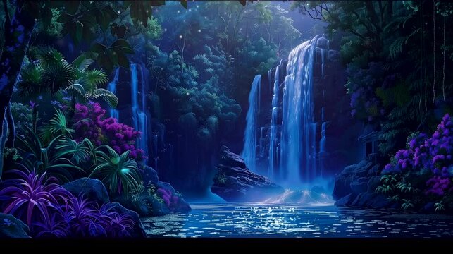 A lush jungle alive with the vibrant colors of tropical flora and waterfall. Fantasy landscape anime or cartoon style, seamless looping 4k time-lapse virtual video animation background