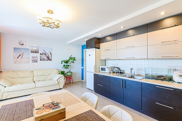 interior kitchen and dining room, refectory area, cooking equipment, table furniture, stove