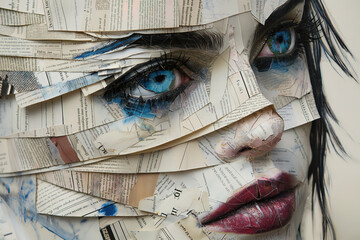 Woman's face made of book pages, the information we are reading forms our identity, creative concept, art collage