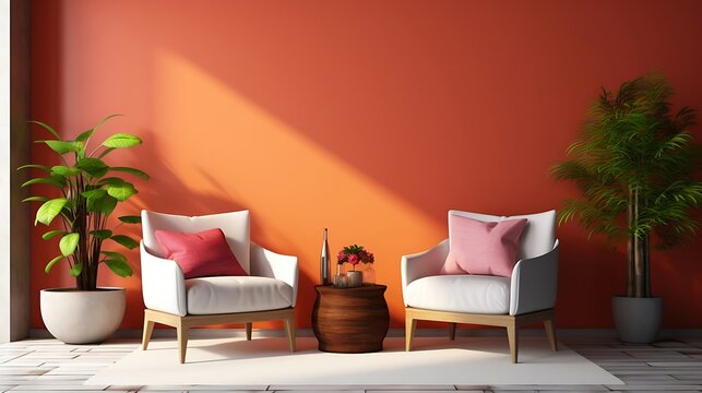 Two armchairs in room with terra cotta wall and colorful rug interior design of modern living room