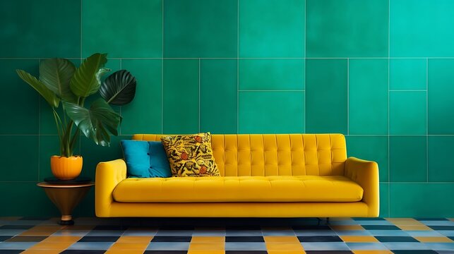 vibrant yellow velvet sofa against of colorful tiles wall paneli