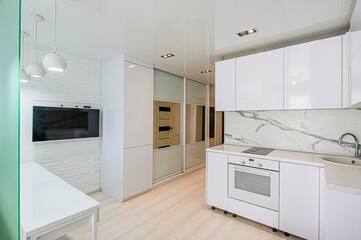 interior kitchen and dining room, refectory area, cooking equipment, table furniture, stove