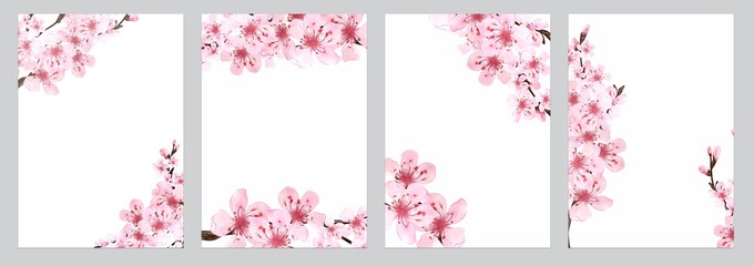 Set of flowers Template. Sakura flowers and branches. Background in watercolor style. Cherry blossom branches. Hanami festival. Hand drawn illustration