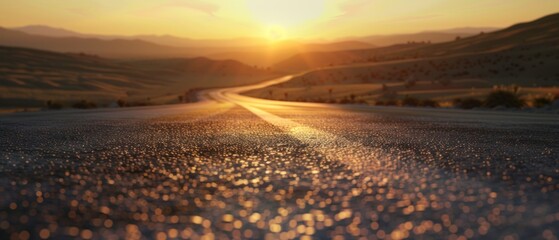 Ultrawide Worm View Photo Of Asphalt Road With Sunset In Background