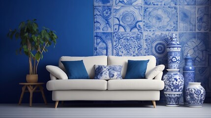 White sofa among blue motifs pottery near patterned wall Boho or eclectic bohemian interior design of modern living room