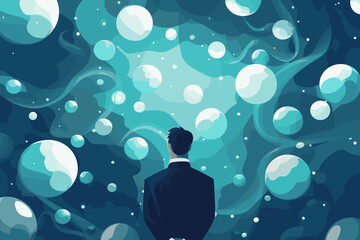 Businessman Surrounded by Many Thought Bubbles, Concept of Overwhelm with Ideas, Issues, and Problems to Solve, Contemplating Solutions and Dealing with Anxiety - obrazy, fototapety, plakaty