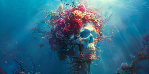 Fototapeta na wymiar Tropical Skull,A Deep Dive into Vibrant Colors