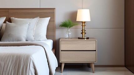 Wooden bedside drawer nightstand near bed with beige fabric headboard