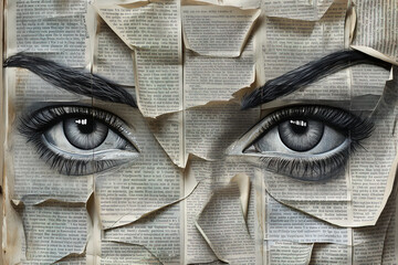 Woman's face made of book pages, the information we are reading forms our identity, creative concept, art collage