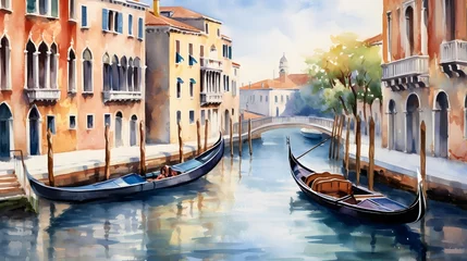 Poster Canal with gondolas in Venice, Italy. Digital painting © I