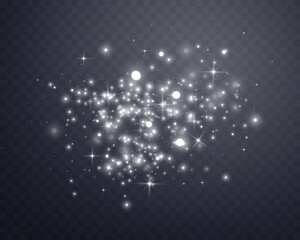 Fototapeta premium Silver magic sparks and dust stars. Glittering dots, particles, sparkles. Glow flare light effect. Silver luminous points. Vector particles on transparent background.