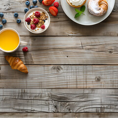 Traditional french breakfast menu background. Yogurt with fresh berries, glass of orange juice, muesli and croissants on wooden table, top view, copy space