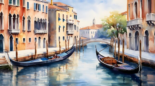 Canal with gondolas in Venice, Italy. Digital painting