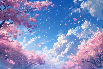 Serene Spring Scene Illustration of Cherry Blossom Petals Falling against a Blue Sky Background