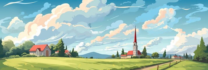 Fantasy City Landscape Cartoon style Background Panorama Concept Drawing image HD Print 15232x5120 pixels. Neo Game Art V9 32