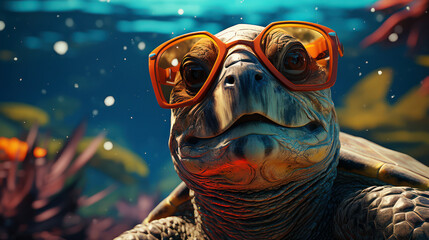A curious turtle adorned with orange sunglasses explores the underwater world - 744613962