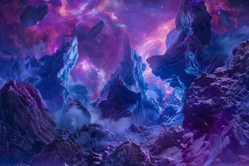 Surreal alien landscape panorama with otherworldly rock formations, vivid colors.