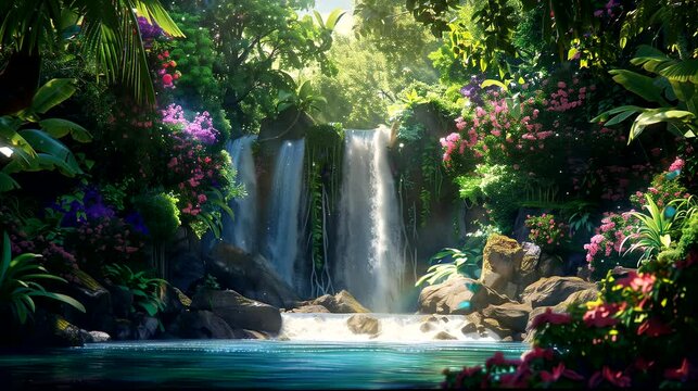 A lush jungle alive with the vibrant colors of tropical flora and waterfall. Fantasy landscape anime or cartoon style, seamless looping 4k time-lapse virtual video animation background