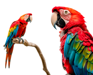 A red macaw parrot sits on a branch. Close-up profile of a parrot. Isolated on a transparent background.