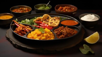 Compartmental dish with Indian traditional thali. Set with rice, chapati, dhal, kichari, curry in bowls next to it on a wooden stand, close-up.