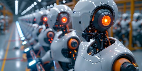Fototapeta premium A row of advanced humanoid robots being assembled in a futuristic factory. Concept Futuristic Robots, Advanced Technology, Robotic Assembly Line, Future Manufacturing, Automated Production Line