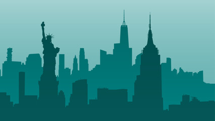 Obraz premium Silhouette vector background of cityscape. New York City, United States. Statue of Liberty, Empire State Building, Rockefeller Plaza, Office Building. Travel illustration