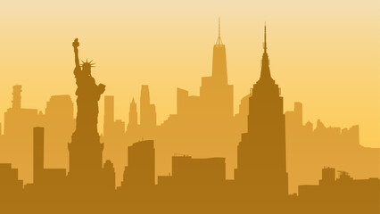 Obraz premium Silhouette of New York City, United States. Statue of Liberty, Empire State Building, Rockefeller Plaza, Office Building. Silhouette vector background of cityscape. Travel illustration