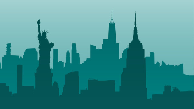 Silhouette vector background of cityscape. New York City, United States. Statue of Liberty, Empire State Building, Rockefeller Plaza, Office Building. Travel illustration