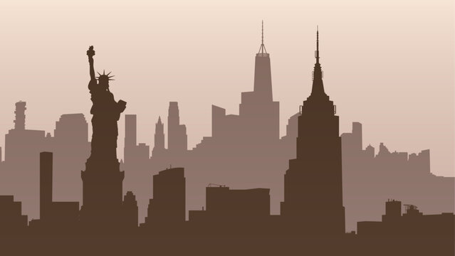 Silhouette vector background of cityscape. New York City, United States. Statue of Liberty, Empire State Building, Rockefeller Plaza, Office Building. Vector travel illustration