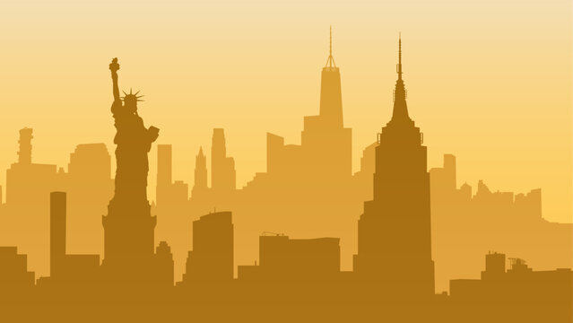 Silhouette of  New York City, United States. Statue of Liberty, Empire State Building, Rockefeller Plaza, Office Building. Silhouette vector background of cityscape. Travel illustration