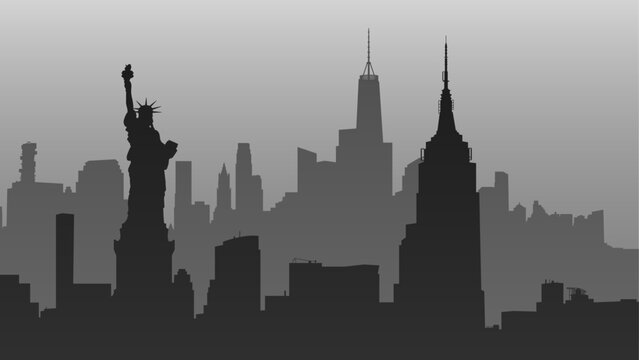 New York City, United States. Statue of Liberty, Empire State Building, Rockefeller Plaza, Office Building. Silhouette vector background of Manhattan cityscape. Travel illustration